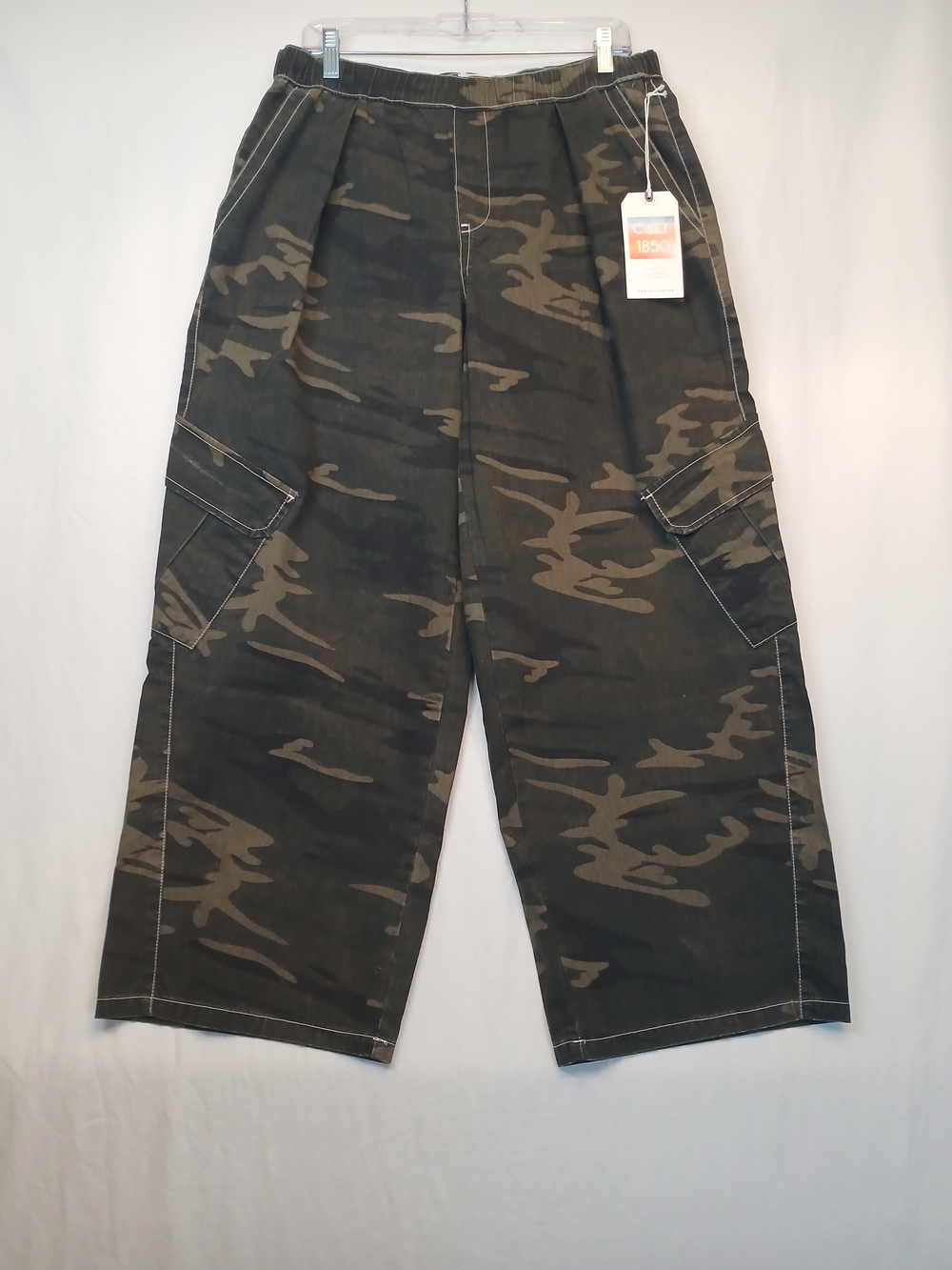 Olive Green & Tan Camo Wide Leg Elastic Waist Cargo Pants L New!